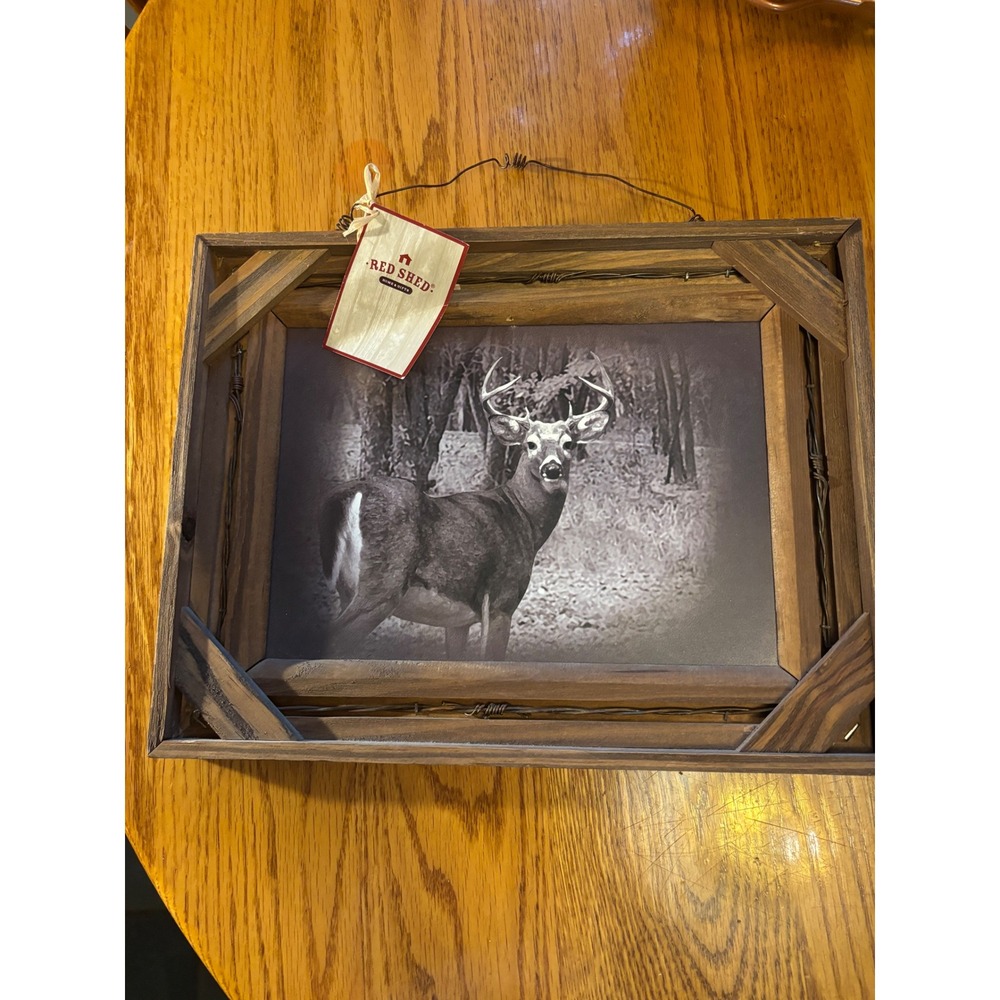 Red Shed rustic framed wall art black-and-white print of a whitetail deer buck